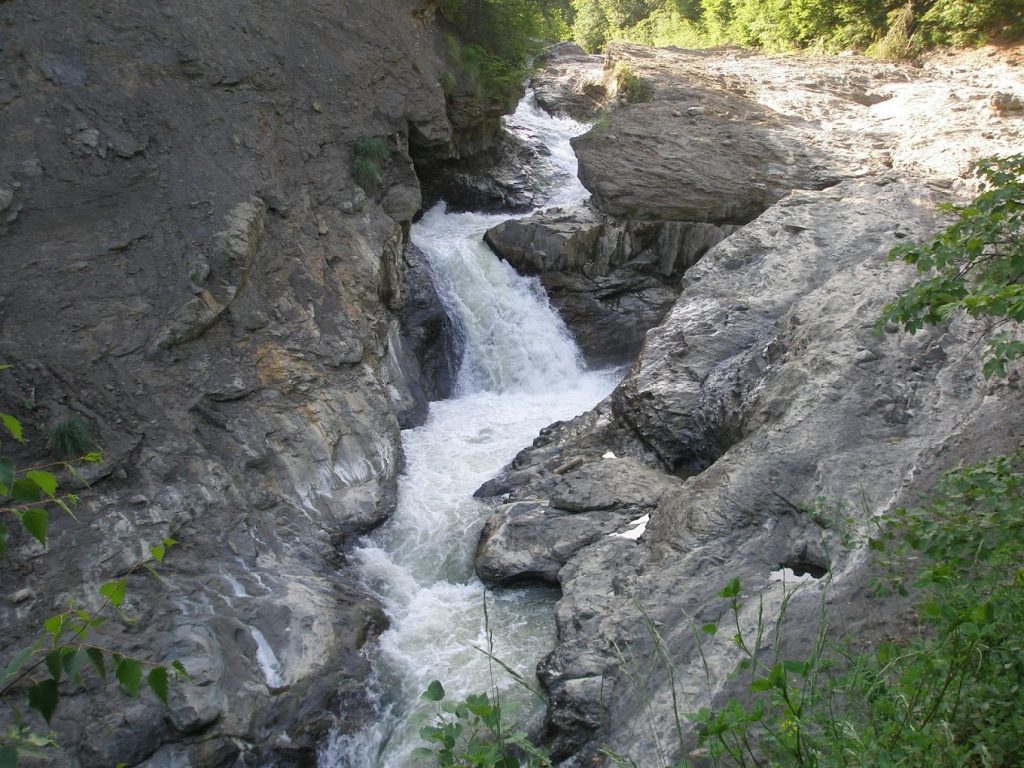 Cascada Putnei de la Lepșa, apă curgând printre stânci într-un defileu împădurit.